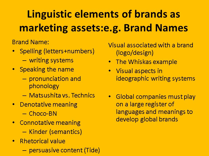 Linguistic elements of brands as marketing assets:e.g. Brand Names Brand Name:  Spelling (letters+numbers)